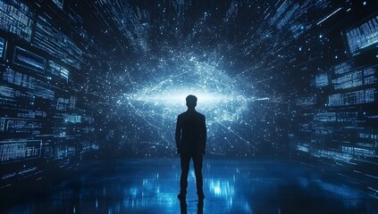 Man contemplating digital network, futuristic tunnel