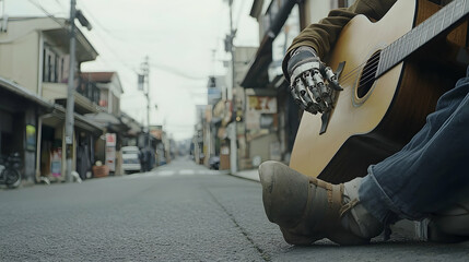 Street Musician with Prosthetic Hand Playing Acoustic Guitar