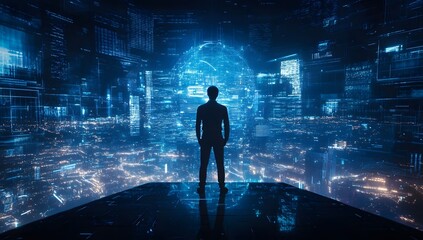Silhouette figure, cityscape, futuristic digital overlay, global vision