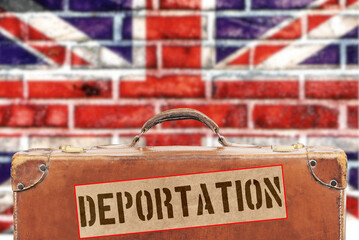 Fototapeta premium Flag of Great Britain, a suitcase and deportation sticker 