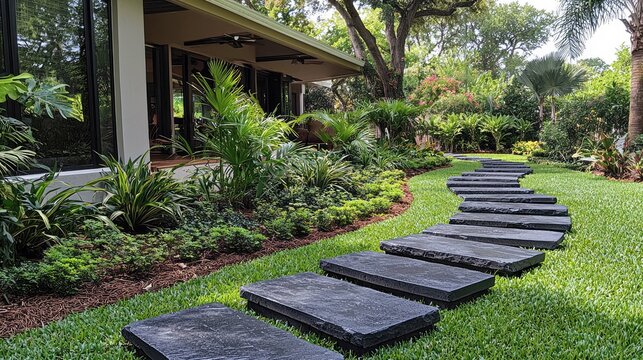 Serene Tropical Garden Path: A Luxurious Landscape Design
