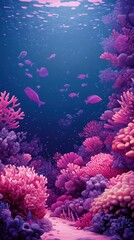 Vibrant coral reef with many pink fish underwater scene
