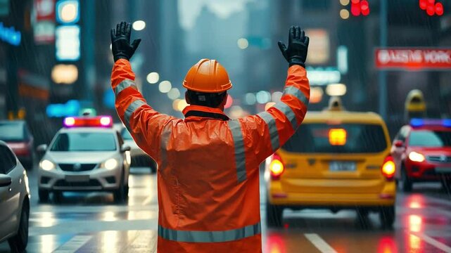 Traffic Control in City: A construction worker in bright orange safety gear stands in the middle of a busy city street, his arms raised as he directs traffic.