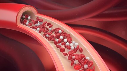 Blood vessel with flowing Red blood and White blood cells, 3D Animation.