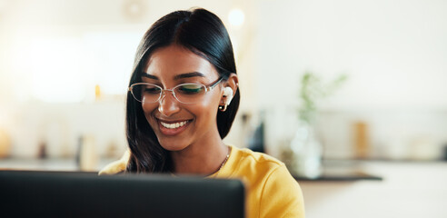 Remote work from home, earphones and woman with laptop, ideas and online reading for email. Person, apartment and freelancer with computer, listening to music and internet with research for project