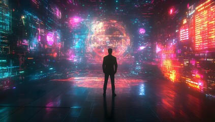 Man contemplates futuristic holographic sphere