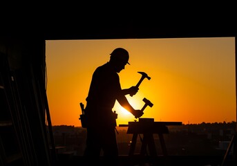 Obraz premium Elegant Carpenter Silhouette: Woodworking Professional in Action, Perfect for Construction, DIY, and Craft Projects