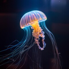 Floating Glowing Jellyfish in a Dark Liquid Environment