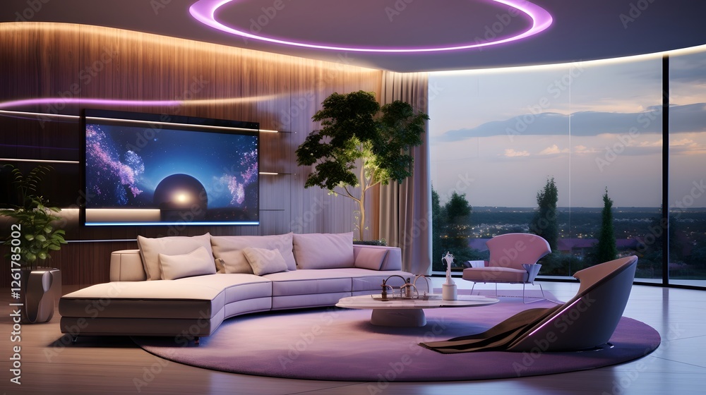 Poster futuristic smart home interior with holographic assistant displays advanced home automation and cont