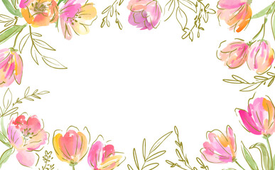 A vector frame of abstract tulips painted in watercolor with gold lines. A hand-drawn tulip background illustration for spring.
