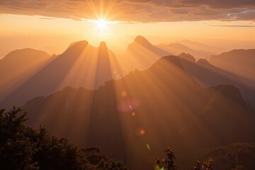 Breathtaking Mountain Landscape at Sunset with Sunlight and Rolling Hills