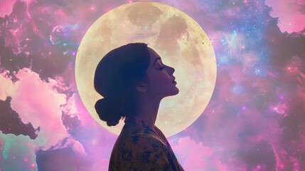 Celestial Serenity, Woman bathed in lunar glow with cosmic dreamscape