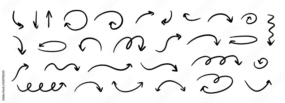 Poster hand drawn curved and straight arrow set. black grunge sketch arrow collection. doodle sketched poin