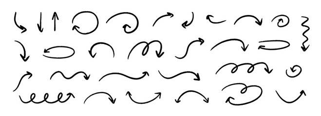 Hand drawn curved and straight arrow set. Black grunge sketch arrow collection. Doodle sketched pointers and direction lines. Wavy and zigzag brush stroke bundle for flyer, poster, brochure. Vector © vika_k