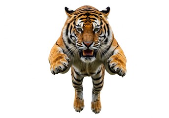 Powerful Tiger in Mid-Leap, Isolated on White