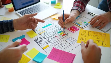 Collaborative web design team brainstorming in office