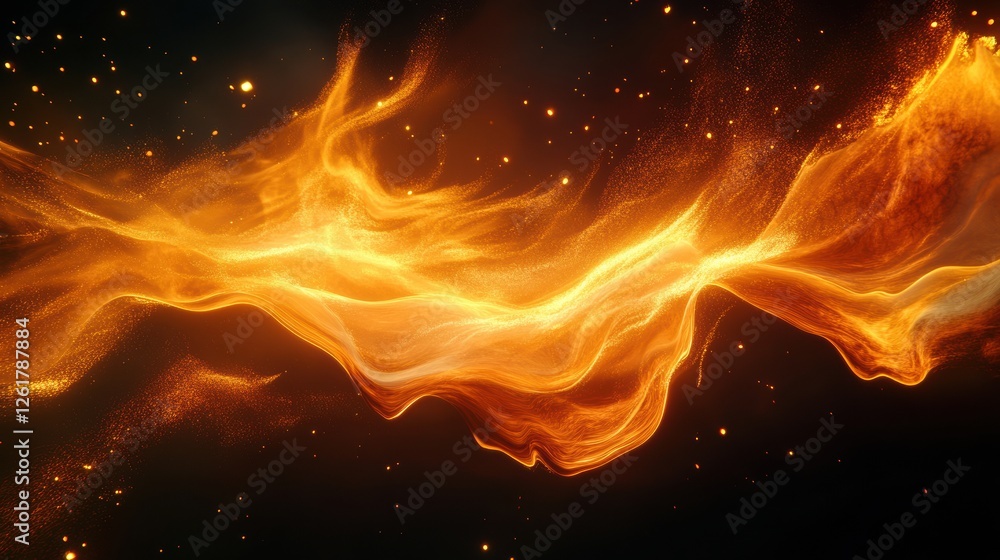 Poster abstract golden energy wave flowing dynamically through dark space filled with stars and light parti