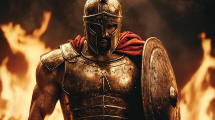 Warrior in armor stands bravely against the backdrop of fire and smoke during an epic battle at dusk