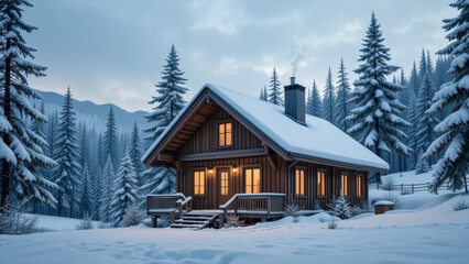 Winter wonderland cozy cabin retreat in snowy forest scenic landscape tranquil evening vibe