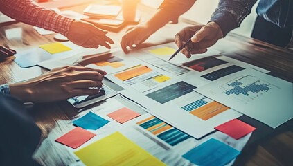 Collaborative team reviewing data charts in office