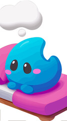 Obraz premium Cute blue character relaxing on a pink bed with a thought bubble above its head on a transparent background 