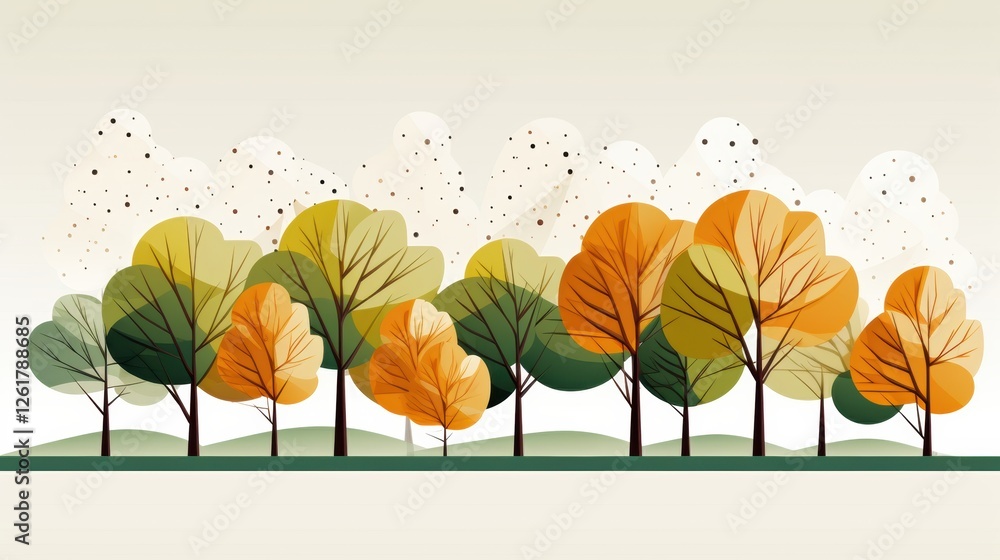 Poster array of autumnal trees against cloudy background in minimalistic forest landscape art style