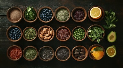 Assorted Superfood Bowls with Nuts Seeds Fruits and Legumes for Healthy Eating and Wellness Display