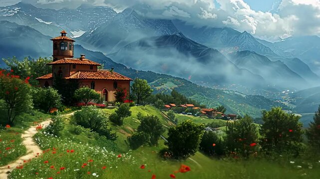 small village on green hill with mountains and cloud background