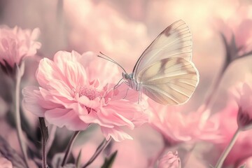 Naklejka premium Pale Butterfly Resting on Delicate Pink Flower