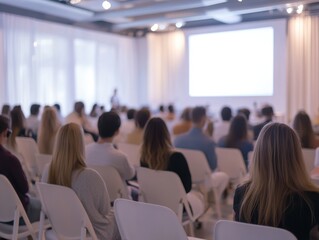 Audience Attending Business Conference and Watching Presentation on Screen in Auditorium