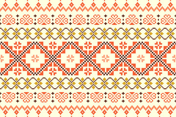 Embroidery ethnic oriental pixel art pattern.Traditional ethnic motifs ikat geometric fabric pattern cross stitch.Aztec style,abstract background vector illustration.Texture,scarf,decoration,wallpaper