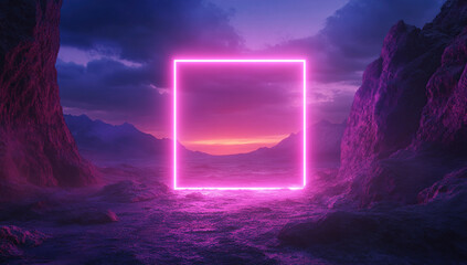Obraz premium Mystical Neon Frame in Mountain Landscape