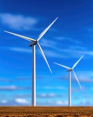 Two wind turbines stand tall against a bright blue sky, embodying sustainable energy and environmental awareness.