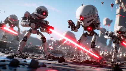 Fototapeta premium Robotic Soldiers Battle on Desolate Planet