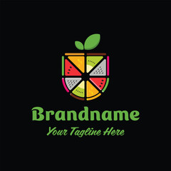 Letter U or Shield Juice Logo, made up of sliced watermelons, oranges, kiwi, and dragon fruit