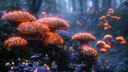 Enchanted Forest: Glowing Mushrooms and a Mystical Butterfly