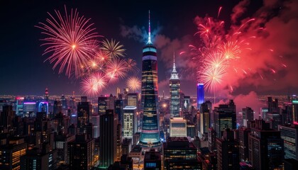 New year's eve fireworks spectacle shanghai event photography urban skyline aerial view celebration concept