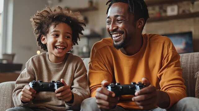 Joyful Gaming Moment: A father and son share a moment of bonding, their faces lit with laughter as they engage in a video game competition on a comfortable sofa. The room reflects a warm.
