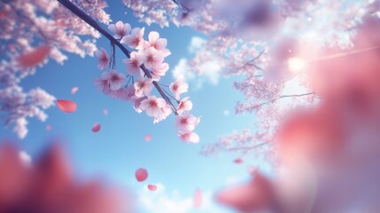 Blossoming Cherry Tree Branch Petals Floating in a Gentle Breeze Soft Blue Sky Above