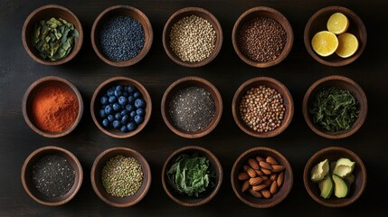 Bowls of Healthful Foods Seeds Nuts and Fruits Offering Variety of Nutrients in Wooden Vessels