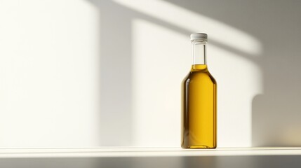 Olive oil bottle, sunlight, white background, product shot