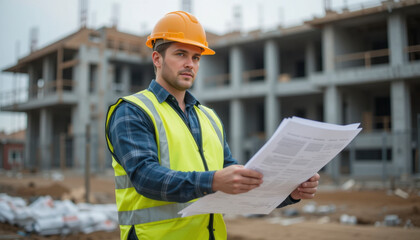 Construction worker reviewing blueprints at job site urban development photography industrial setting close-up project planning