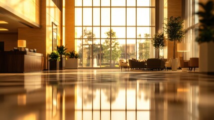 Brightly Lit Lobby with Reflective Floor and Large Window Panels at Sunrise or Sunset Ambiance
