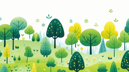 Cartoon Style Nature Landscape Trees on Green Hills Illustration with Leaf Accents