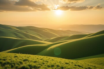 Obraz premium Serene Sunset Over Rolling Hills with Warm Golden Light and Soft Clouds