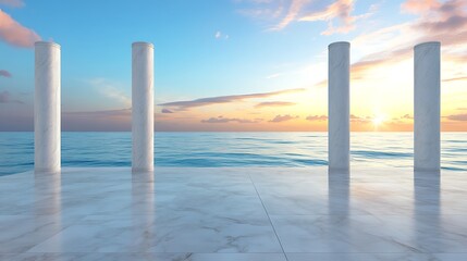 Sunset serenity coastal view with pillars ocean digital art tranquil atmosphere