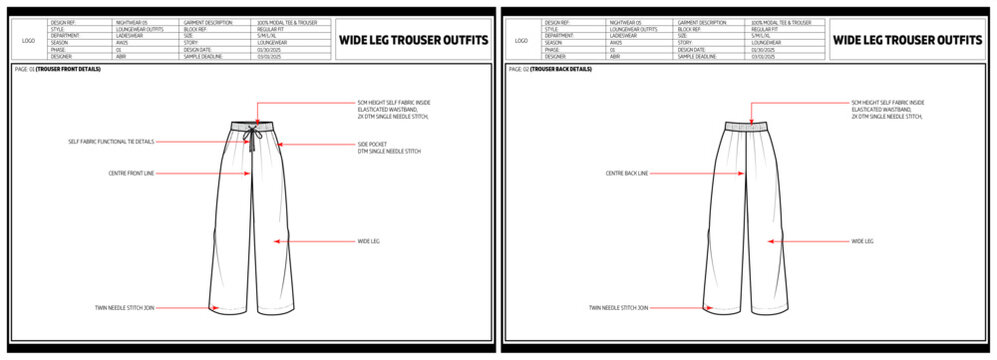 Women Nightwear Wide Leg Trouser Fashion Design Technical Tech Pack.