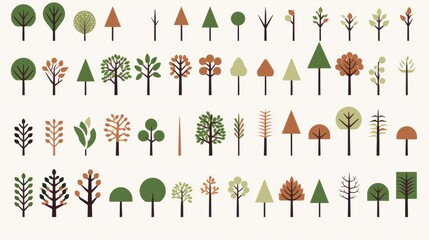 Diverse Collection of Stylized Tree Illustrations Set Against a Cream Background for Graphic Designs