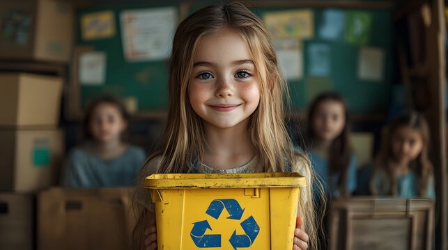 A cheerful young girl holding a bright yellow recycling bin, promoting sustainability and environmental awareness in school

