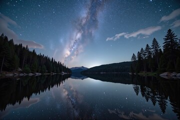 Starry Night Sky with Milky Way Reflected in Tranquil Lake and Pine Trees